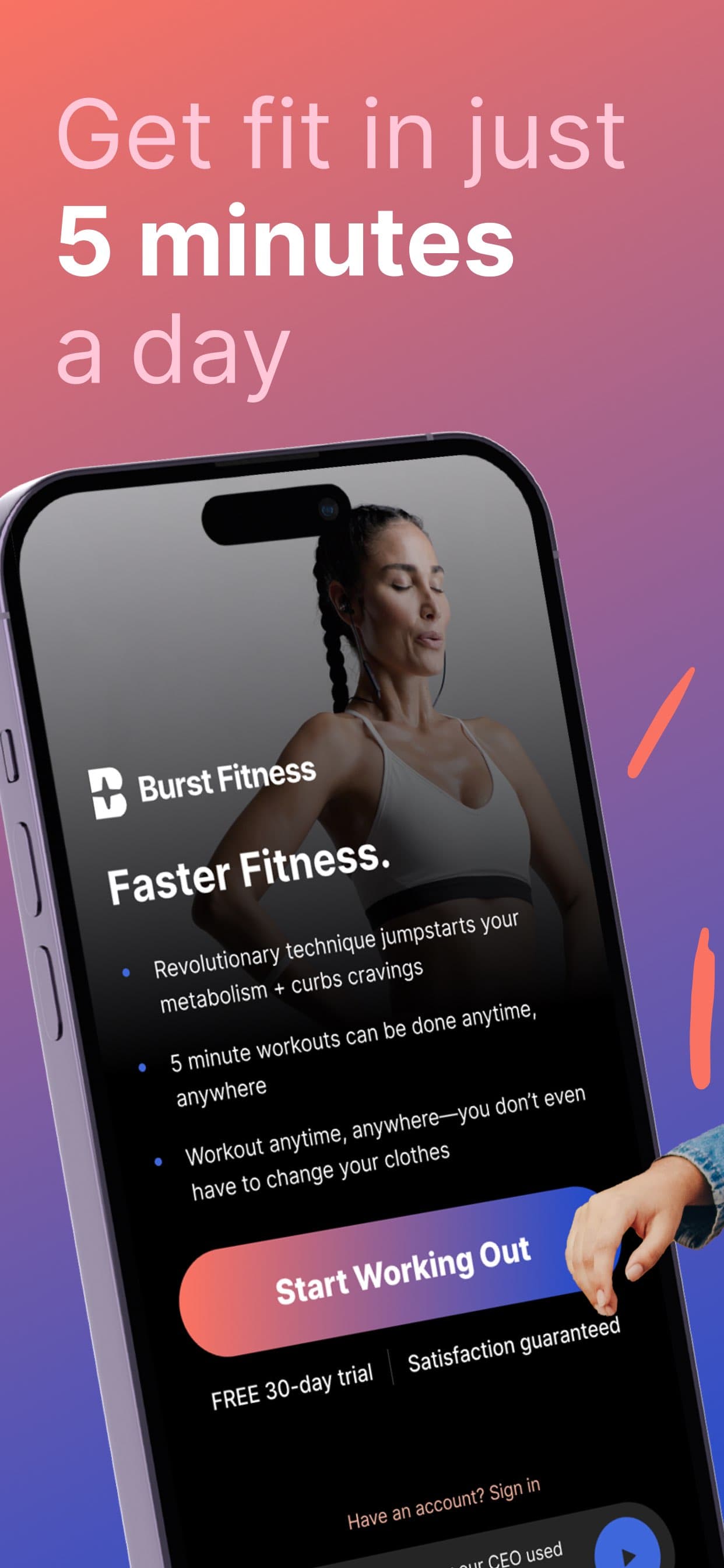 Burst Fitness app landing screen