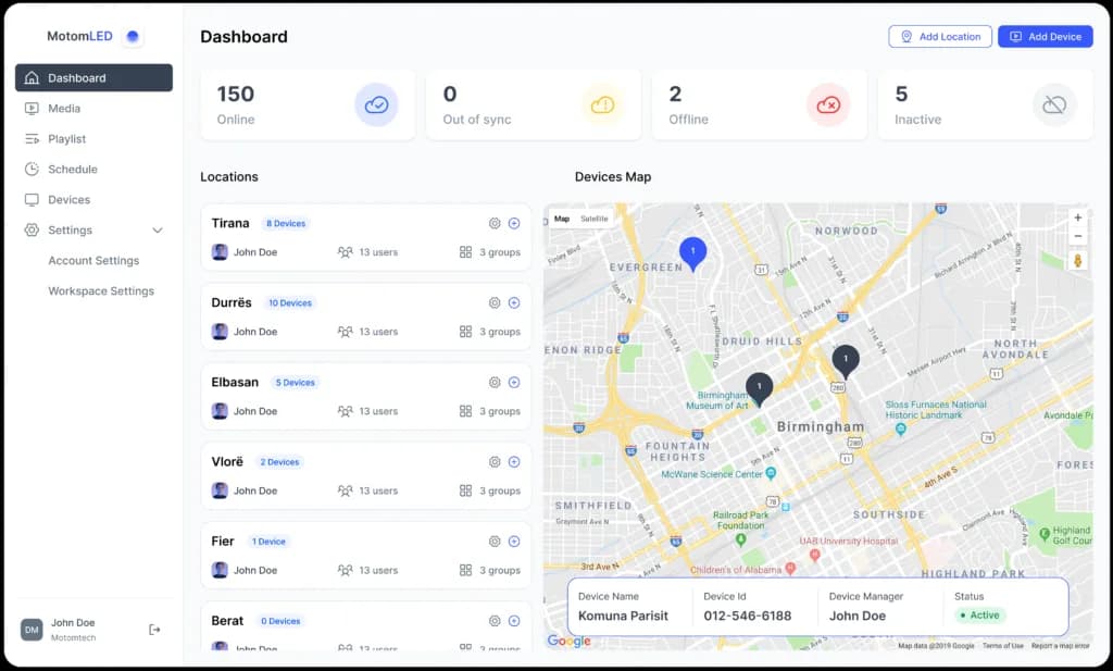MotomLED dashboard with device locations and map